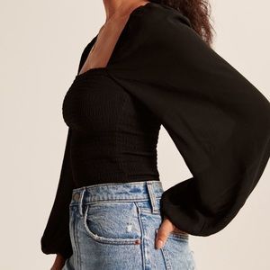 Abercrombie & Fitch Black Square Neck Smock Puff Sleeve Top